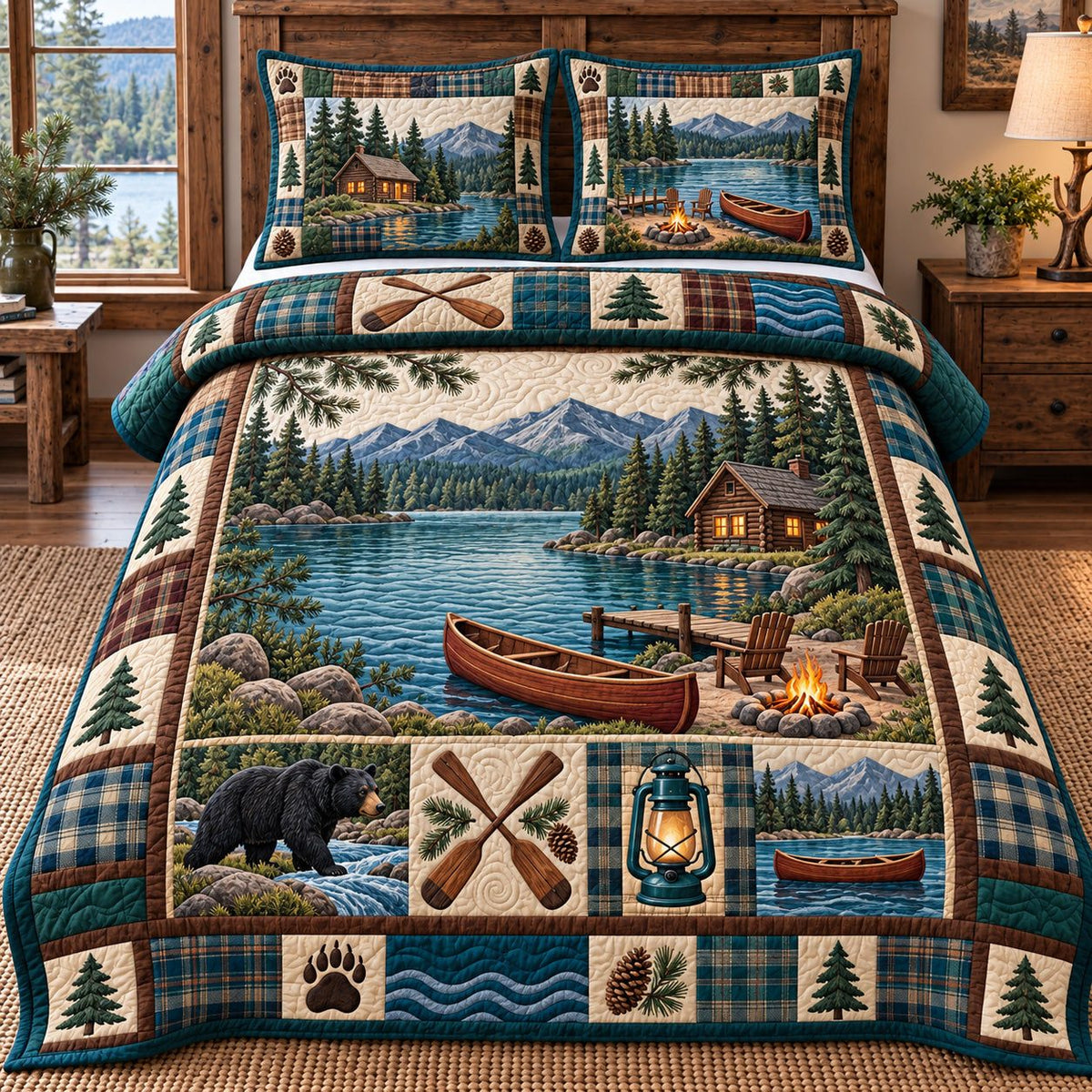 Lake Canoe Cabin Camping quilted 3-piece bedding set on a made bed with two matching pillow shams