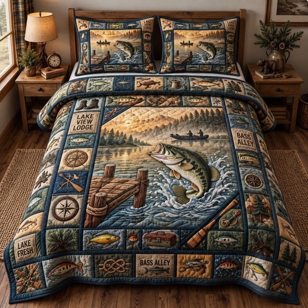 Lake Dock Bass Lodge quilted 3-piece bedding set on a made bed with two matching pillow shams