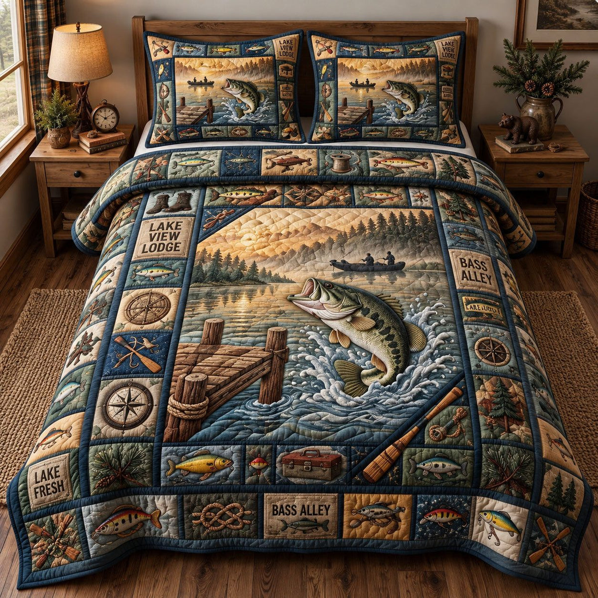 Lake Dock Bass Lodge quilted 3-piece bedding set on a made bed with two matching pillow shams