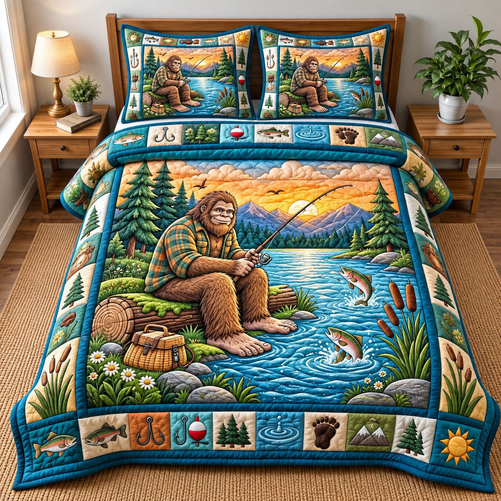 Lake Fishing Bigfoot quilted 3-piece bedding set on a made bed with two matching pillow shams