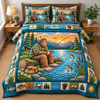 Lake Fishing Bigfoot quilted 3-piece bedding set on a made bed with two matching pillow shams