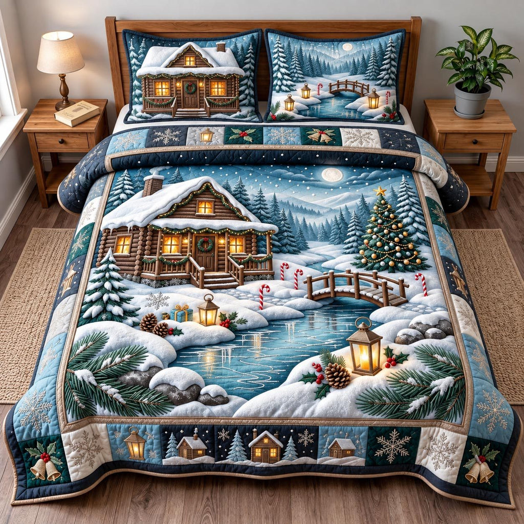 Lakeside Christmas Cabin quilted 3-piece bedding set on a made bed in a winter-styled bedroom