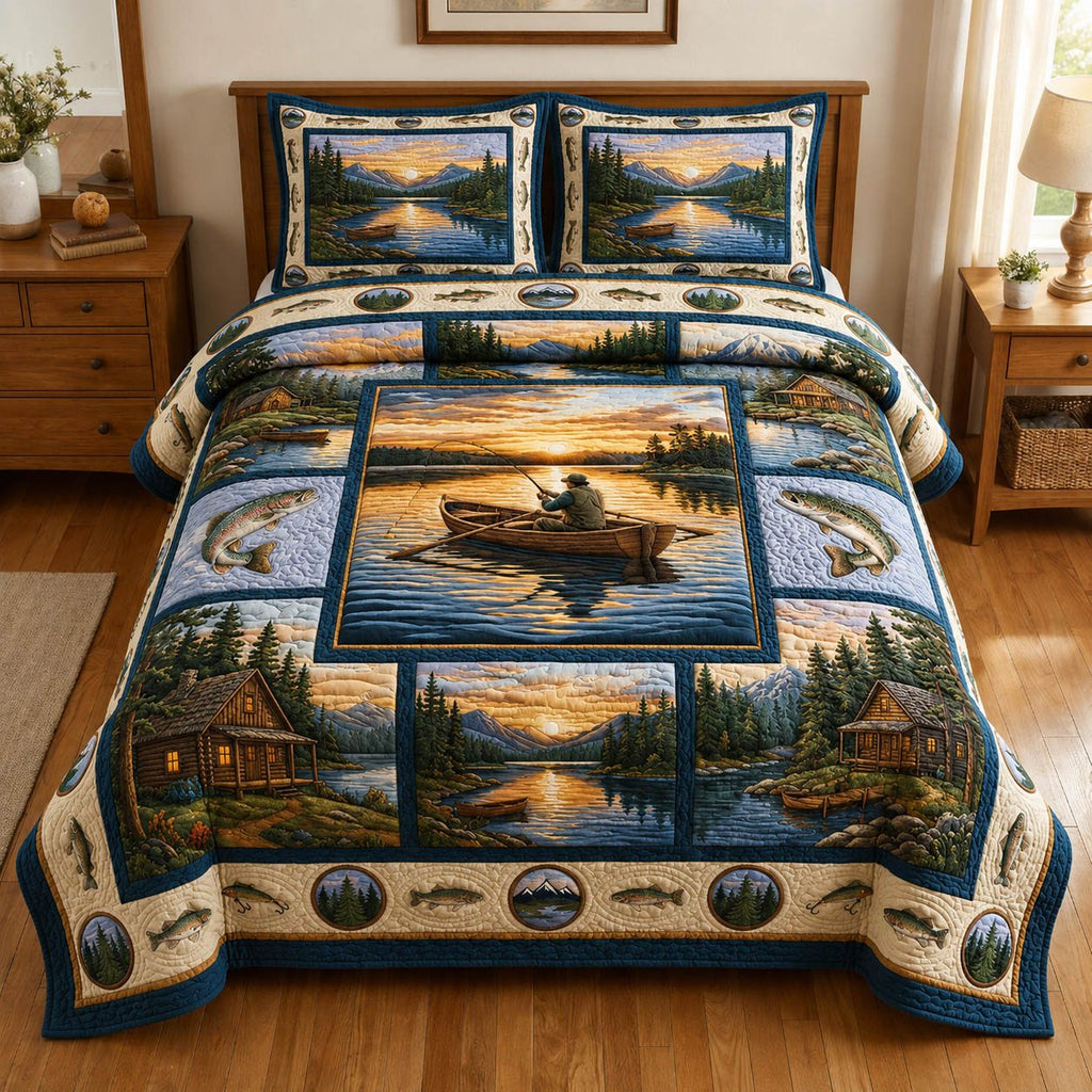 Lakeside Fishing Sunset Cream quilted 3-piece bedding set on a made bed with two matching pillow shams