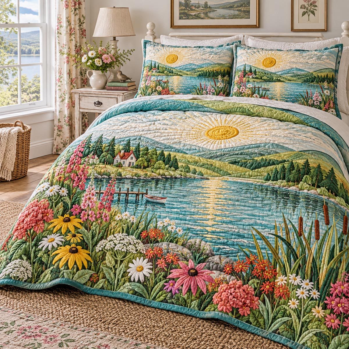 Lakeside Wildflower Garden quilted 3-piece bedding set on a made bed with two matching pillow shams