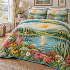 Lakeside Wildflower Garden quilted 3-piece bedding set on a made bed with two matching pillow shams