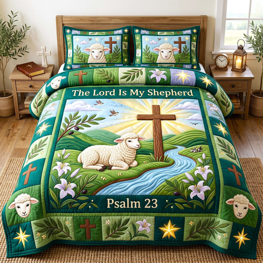 Lamb Lord Is My Shepherd Psalm 23 quilted 3-piece bedding set on a made bed in a softly lit bedroom