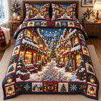 Lamplit Shopping Street Christmas Village quilted 3-piece bedding set on a made bed in a winter-styled bedroom
