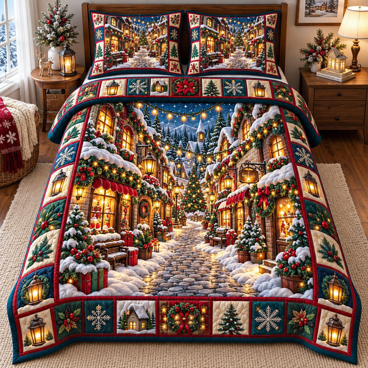 Lamplit Shopping Street Christmas Village quilted 3-piece bedding set on a made bed in a winter-styled bedroom