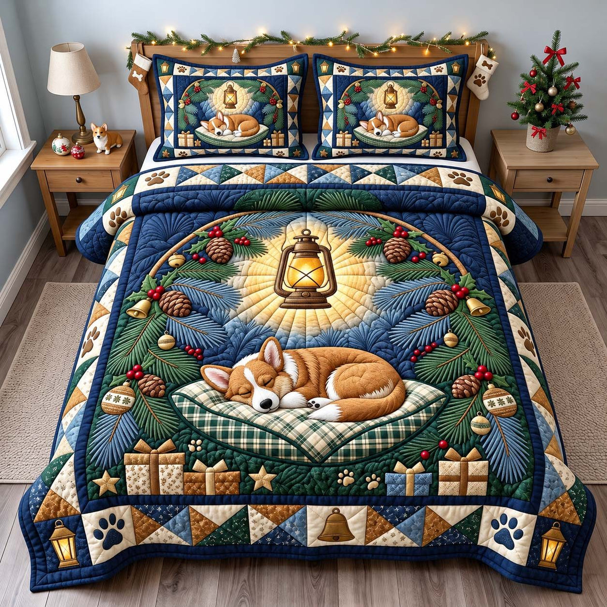 Lantern Corgi Dreams quilted 3-piece bedding set on a made bed with two matching pillow shams