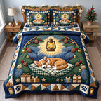 Lantern Corgi Dreams quilted 3-piece bedding set on a made bed with two matching pillow shams