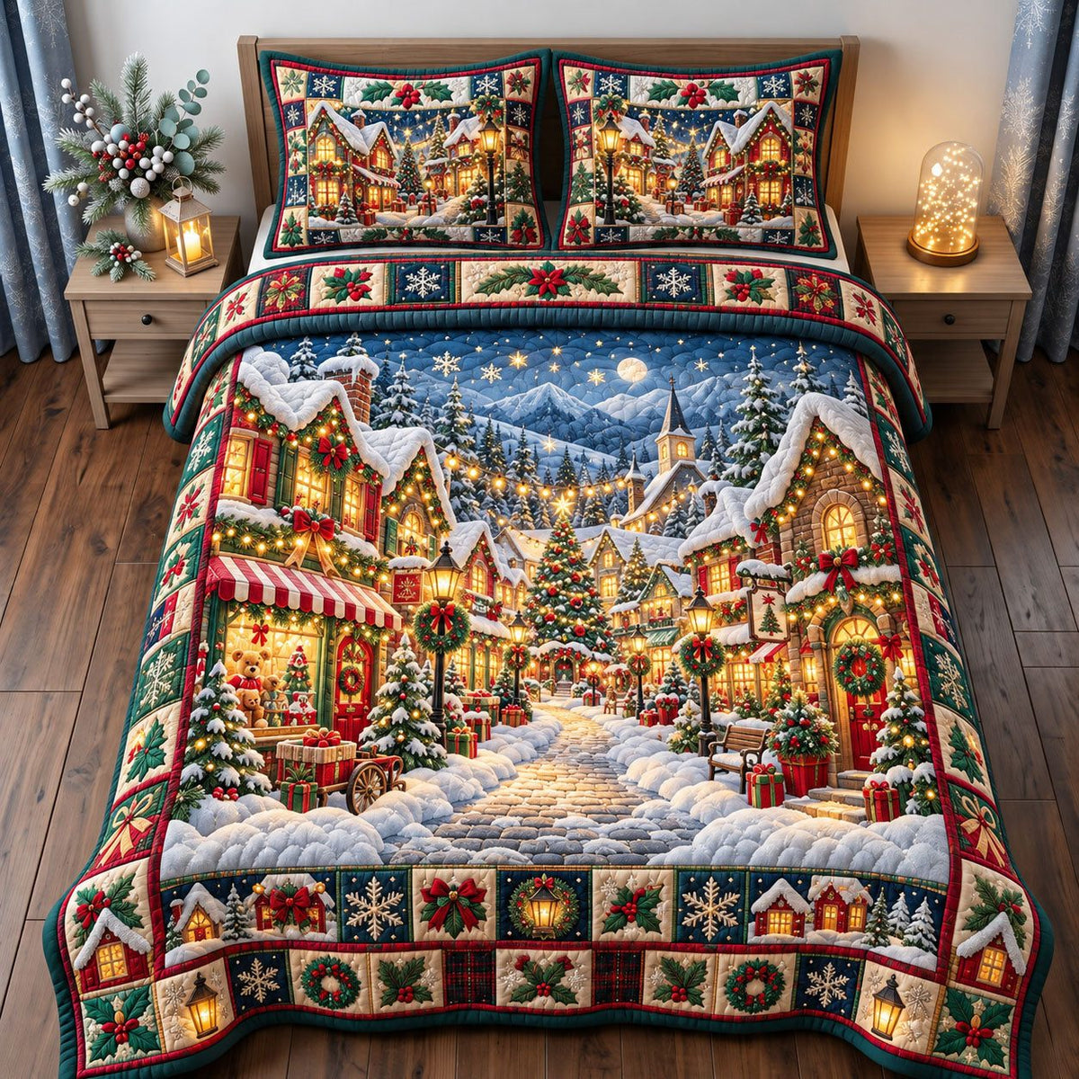 Lantern Market Street Christmas Village quilted 3-piece bedding set on a made bed in a winter-styled bedroom
