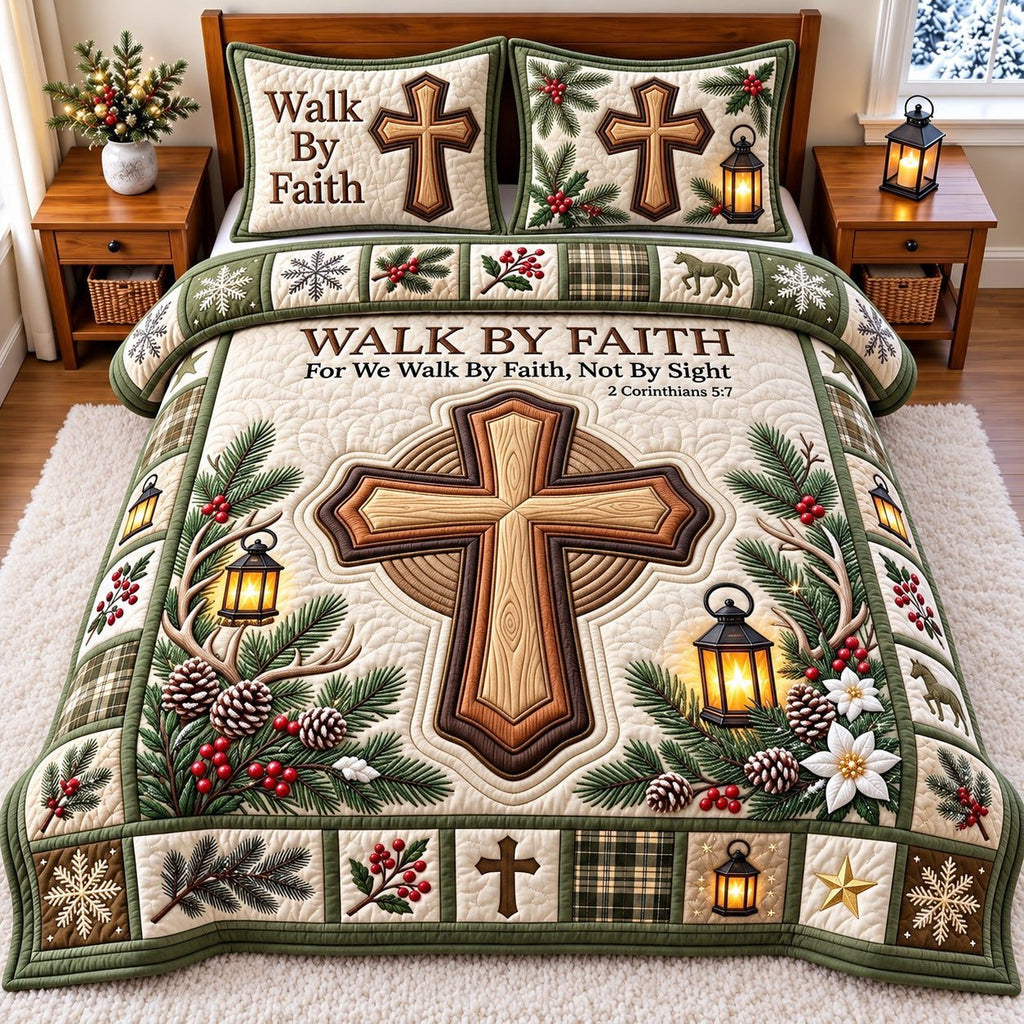 Lantern Pillow Walk By Faith quilted 3-piece bedding set on a made bed in a softly lit bedroom