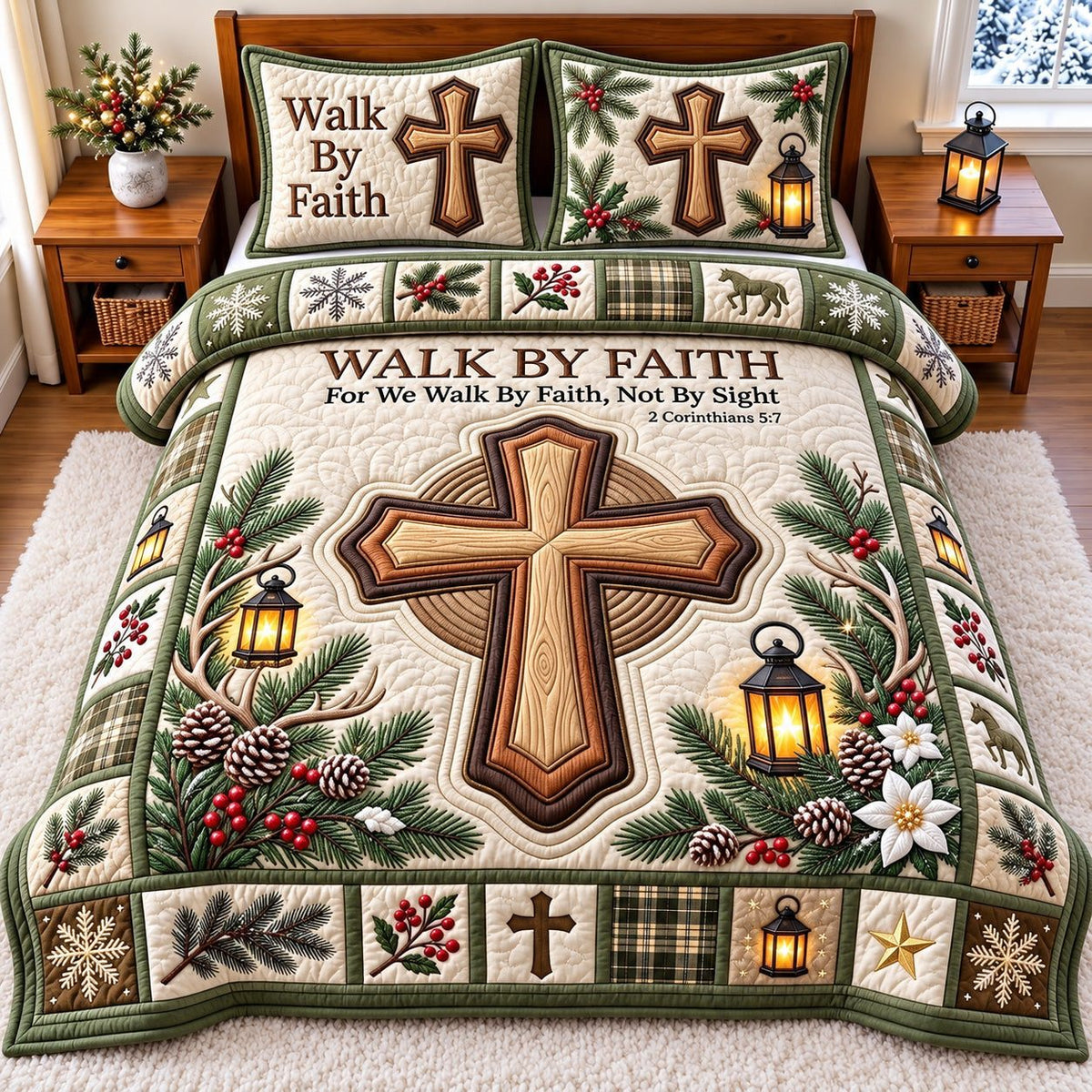 Lantern Pillow Walk By Faith quilted 3-piece bedding set on a made bed in a softly lit bedroom