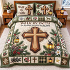 Lantern Pillow Walk By Faith quilted 3-piece bedding set on a made bed in a softly lit bedroom
