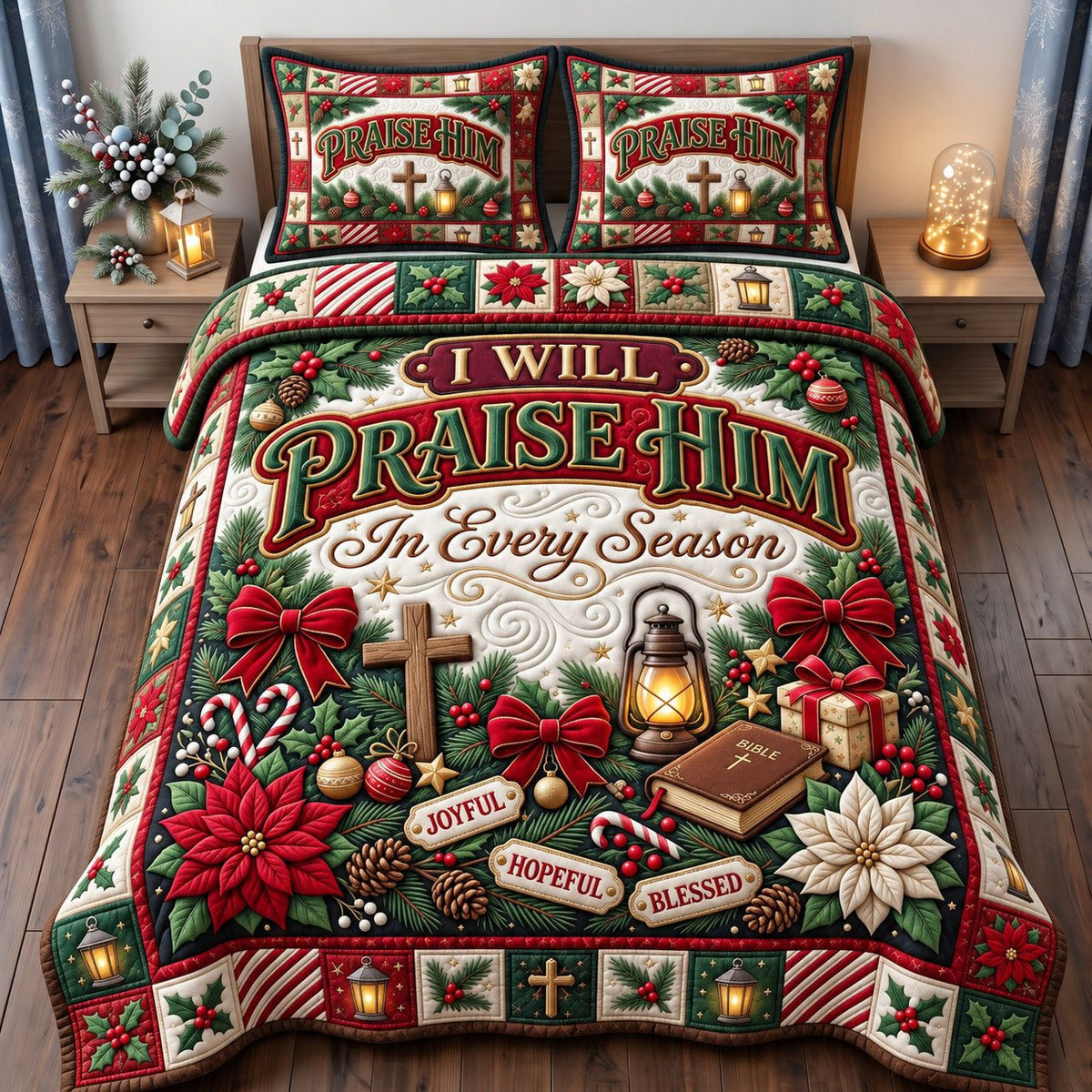 Lantern Praise Him Every Season quilted 3-piece bedding set on a made bed with two matching pillow shams