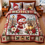 Lantern Snowman quilted 3-piece bedding set on a made bed in a winter-styled bedroom