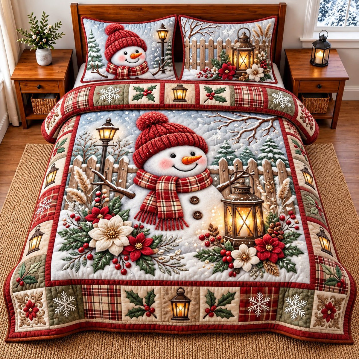 Lantern Snowman quilted 3-piece bedding set on a made bed in a winter-styled bedroom