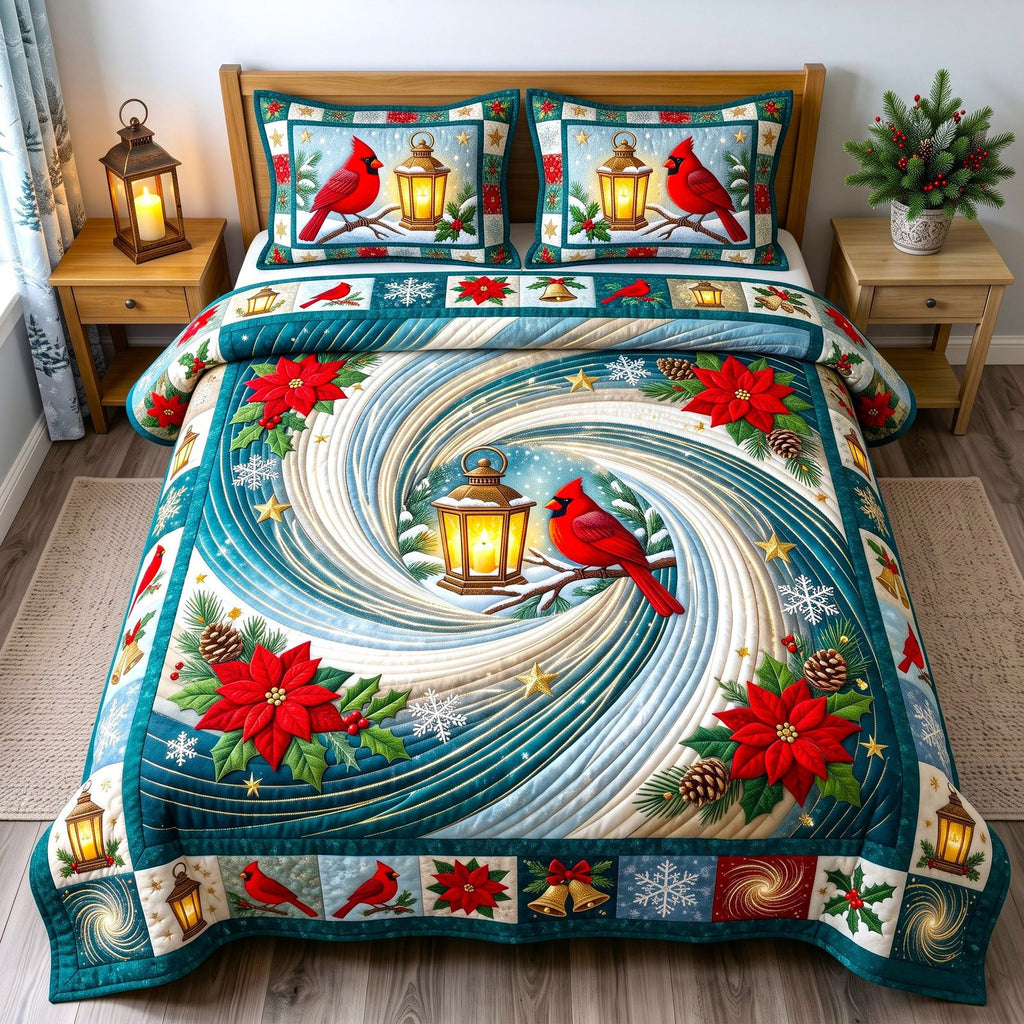 Lantern Swirl Red Cardinal quilted 3-piece bedding set on a made bed with two matching pillow shams