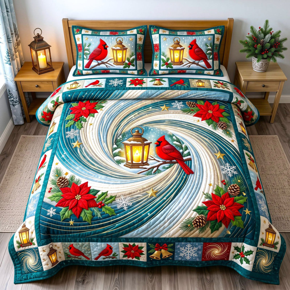 Lantern Swirl Red Cardinal quilted 3-piece bedding set on a made bed with two matching pillow shams