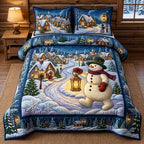 Lantern Village Snowman quilted 3-piece bedding set on a made bed in a winter-styled bedroom