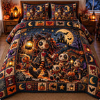 Lantern Voodoo Doll Night Walk quilted 3-piece bedding set on a made bed against a dark styled interior