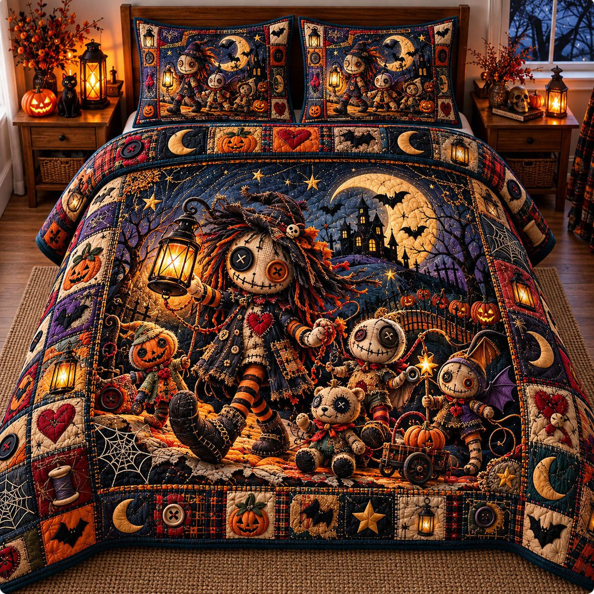 Lantern Voodoo Doll Night Walk quilted 3-piece bedding set on a made bed against a dark styled interior
