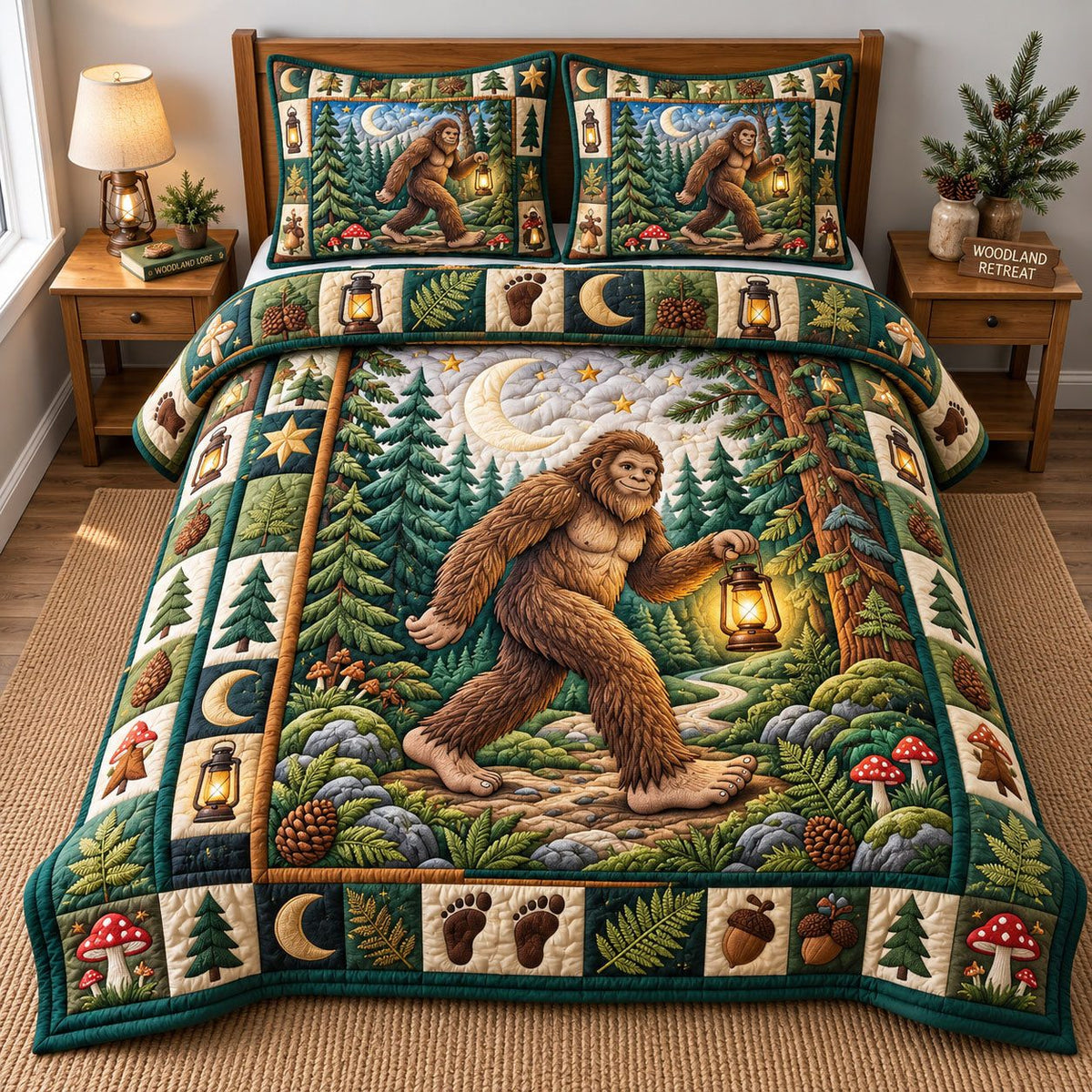 Lantern Walk Bigfoot quilted 3-piece bedding set on a made bed with two matching pillow shams