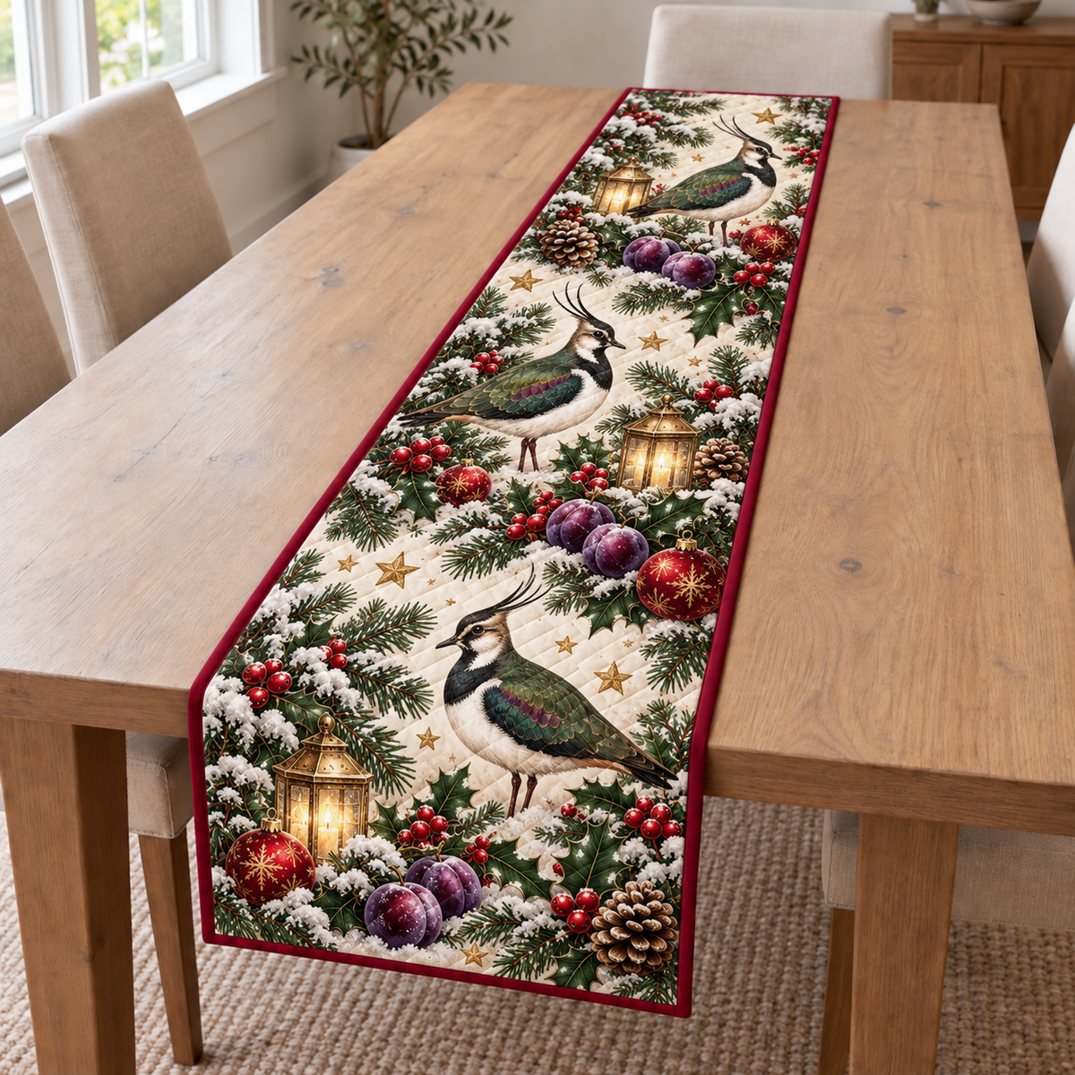 Lapwing Plum Golden Lantern printed Christmas quilted table runner; design mockup showing a flat printed depth effect.