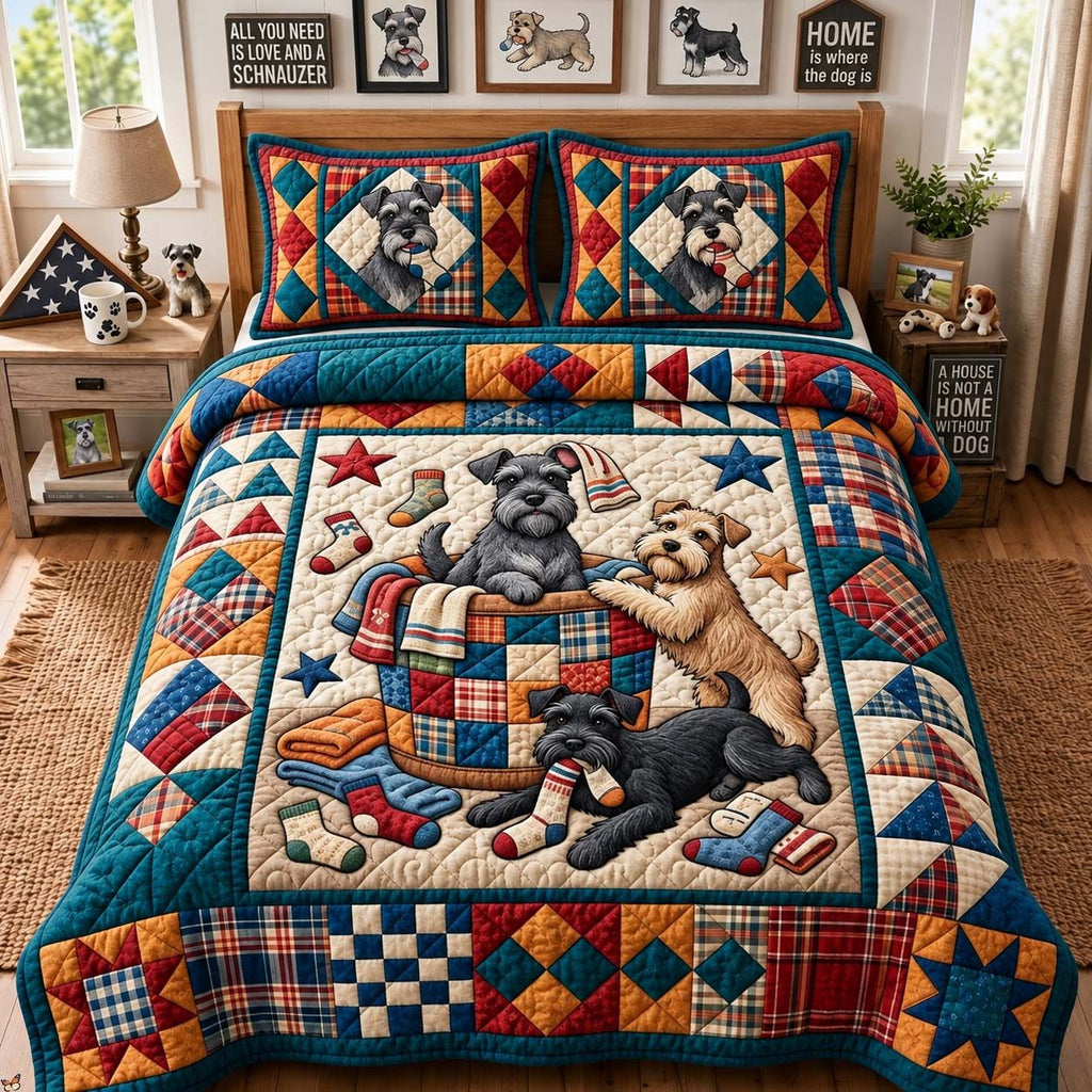 Laundry Basket Pups quilted 3-piece bedding set on a made bed with two matching pillow shams