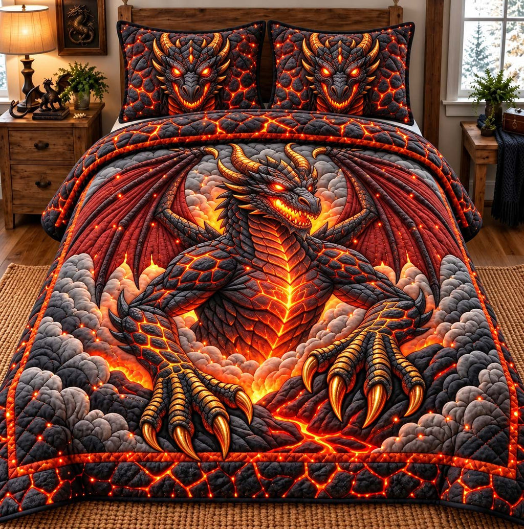 Lava Dragon quilted 3-piece bedding set on a made bed with two matching pillow shams