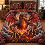 Lava Dragon quilted 3-piece bedding set on a made bed with two matching pillow shams