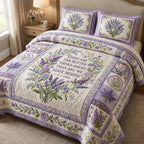 Lavender Bloom Faith quilted 3-piece bedding set on a made bed in a softly lit bedroom
