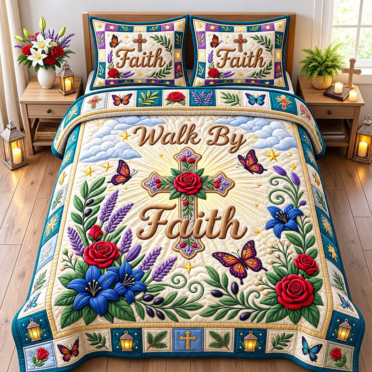 Lavender Cross Walk By Faith quilted 3-piece bedding set on a made bed in a softly lit bedroom