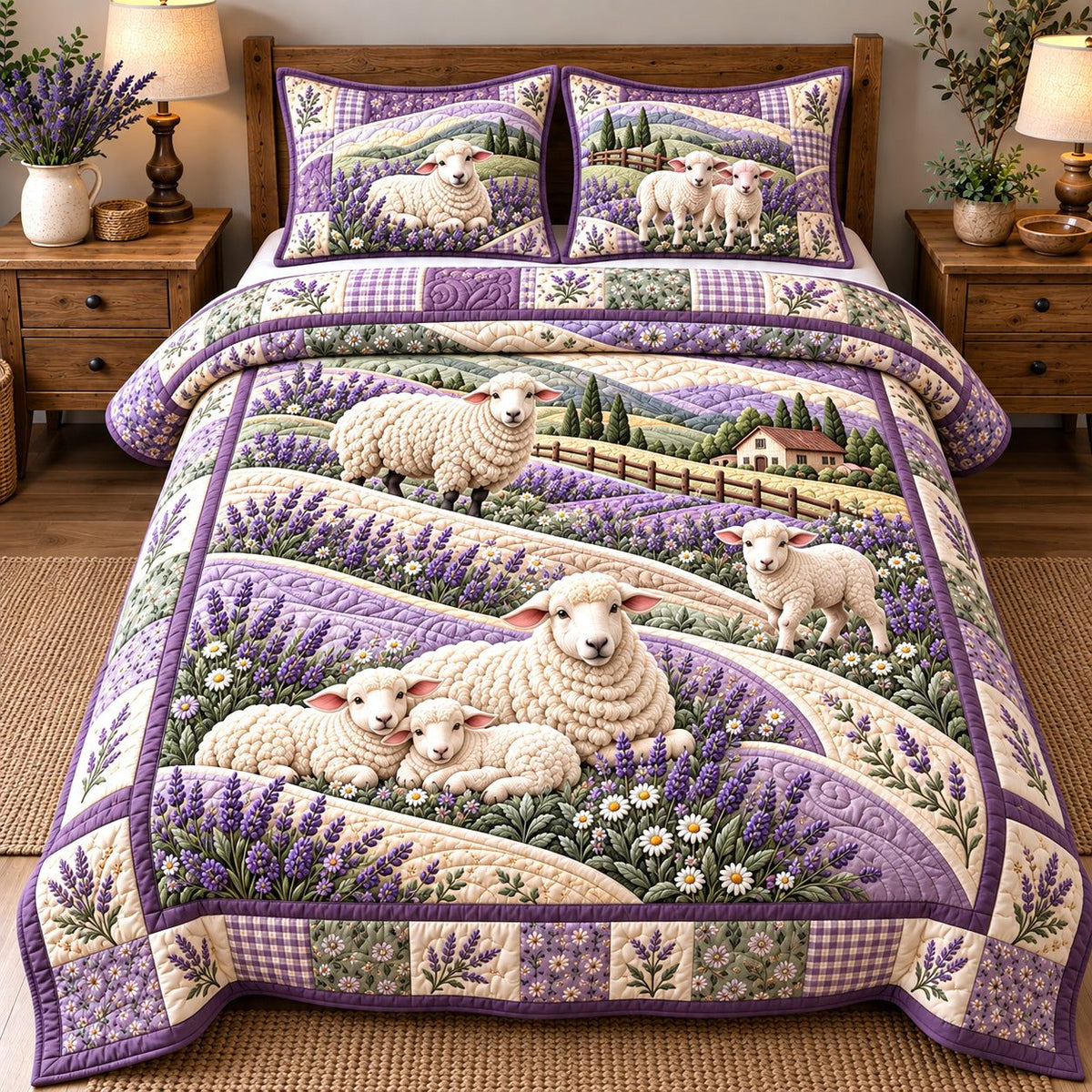 Lavender Dream Fleece quilted 3-piece bedding set on a made bed with two matching pillow shams