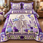 Lavender Dry Bones Come Alive quilted 3-piece bedding set on a made bed against a dark styled interior