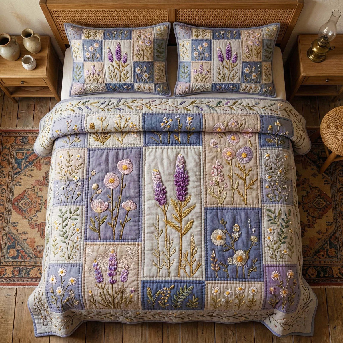 Lavender Patchwork Squares quilted 3-piece bedding set on a made bed in a farmhouse bedroom