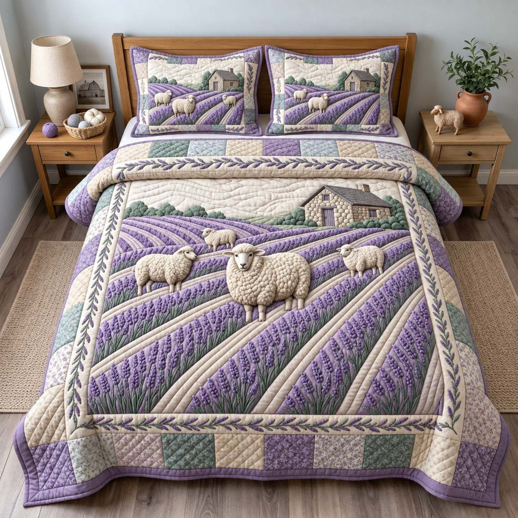 Lavender Sheep quilted 3-piece bedding set on a made bed with two matching pillow shams