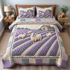 Lavender Sheep quilted 3-piece bedding set on a made bed with two matching pillow shams