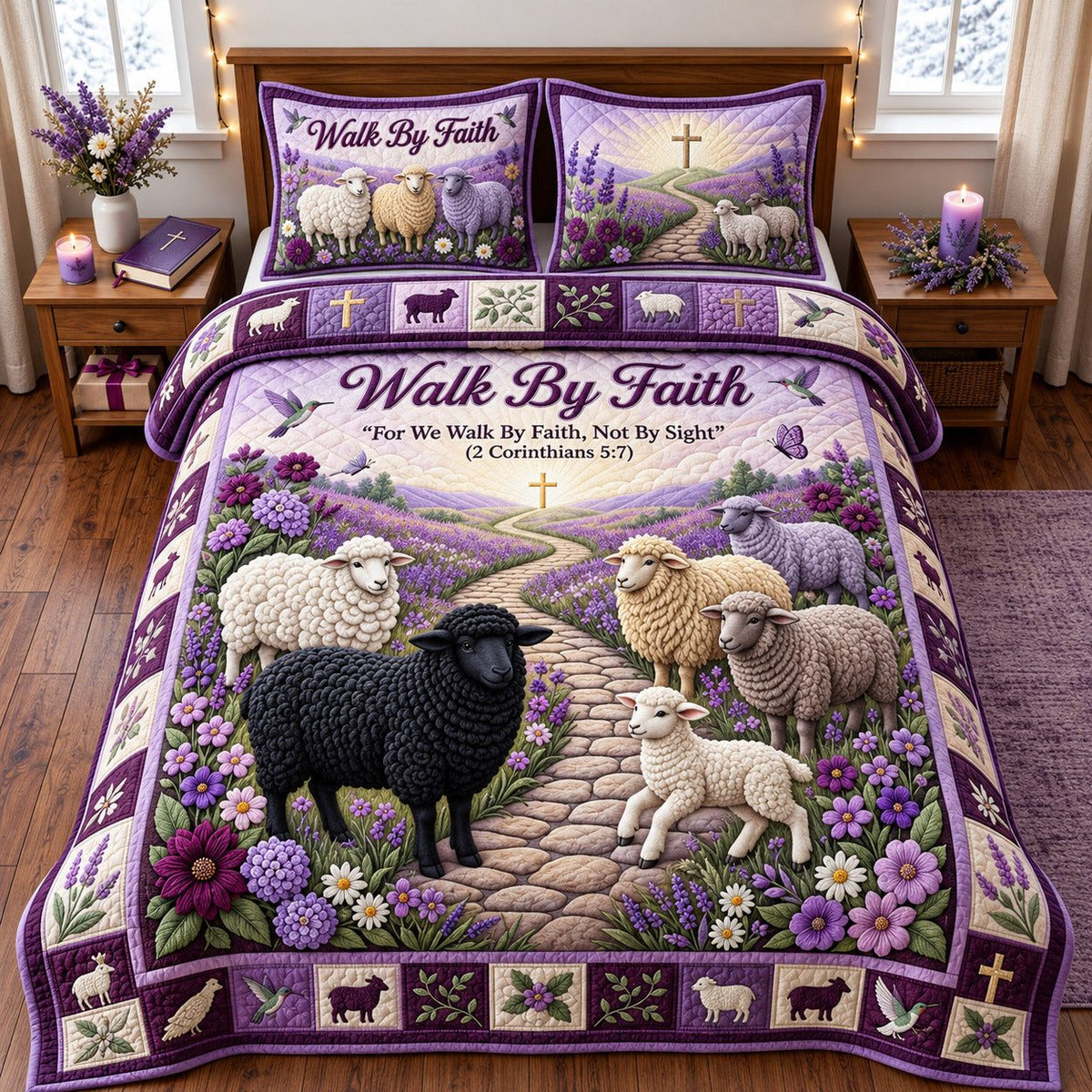 Lavender Sheep Walk By Faith quilted 3-piece bedding set on a made bed in a softly lit bedroom
