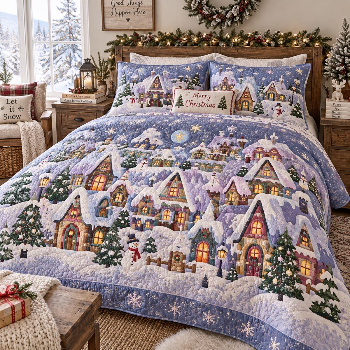 Lavender Snowy Village quilted 3-piece bedding set on a made bed with two matching pillow shams
