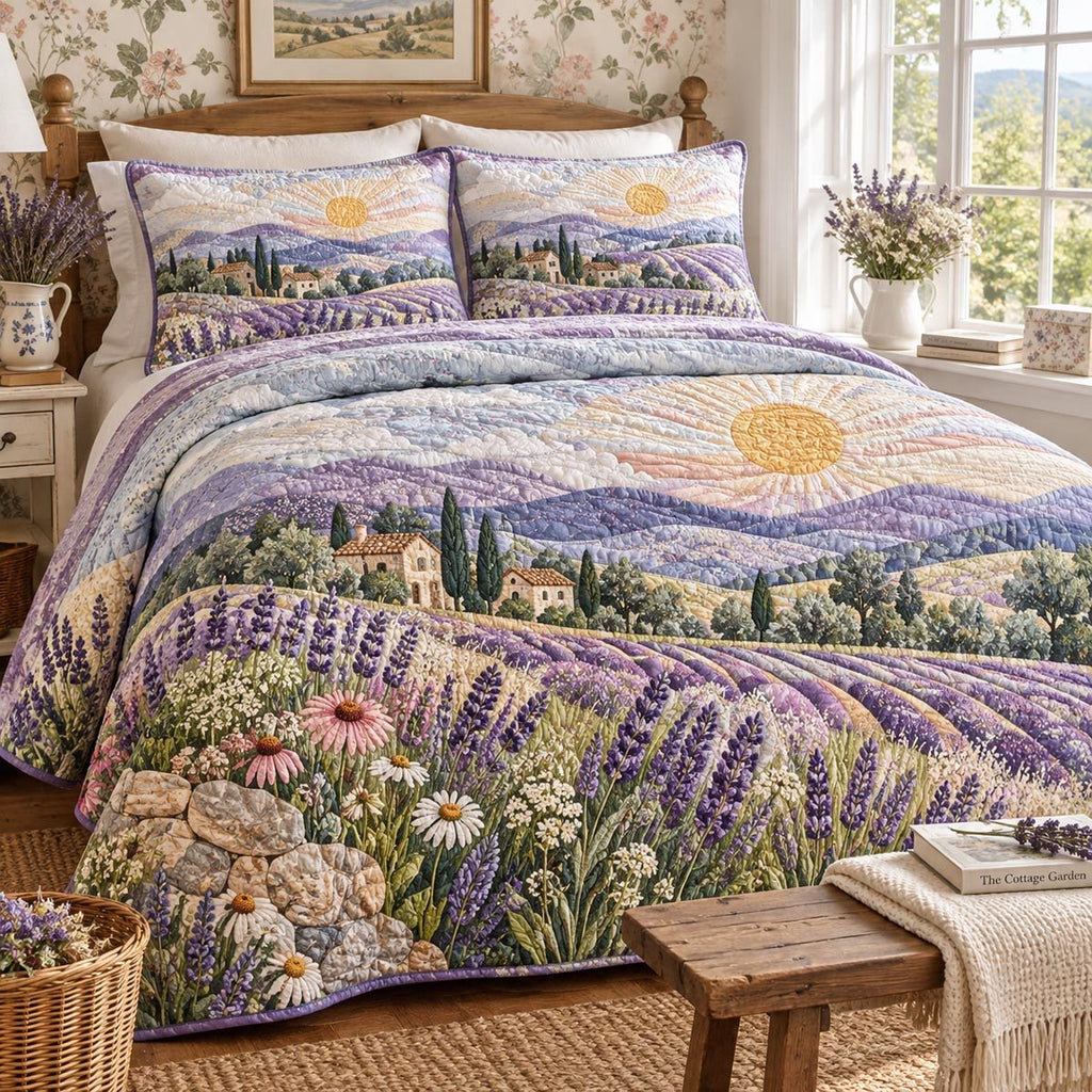 Lavender Sunrise Field quilted 3-piece bedding set on a made bed with two matching pillow shams