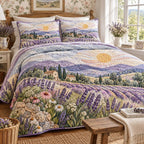 Lavender Sunrise Field quilted 3-piece bedding set on a made bed with two matching pillow shams
