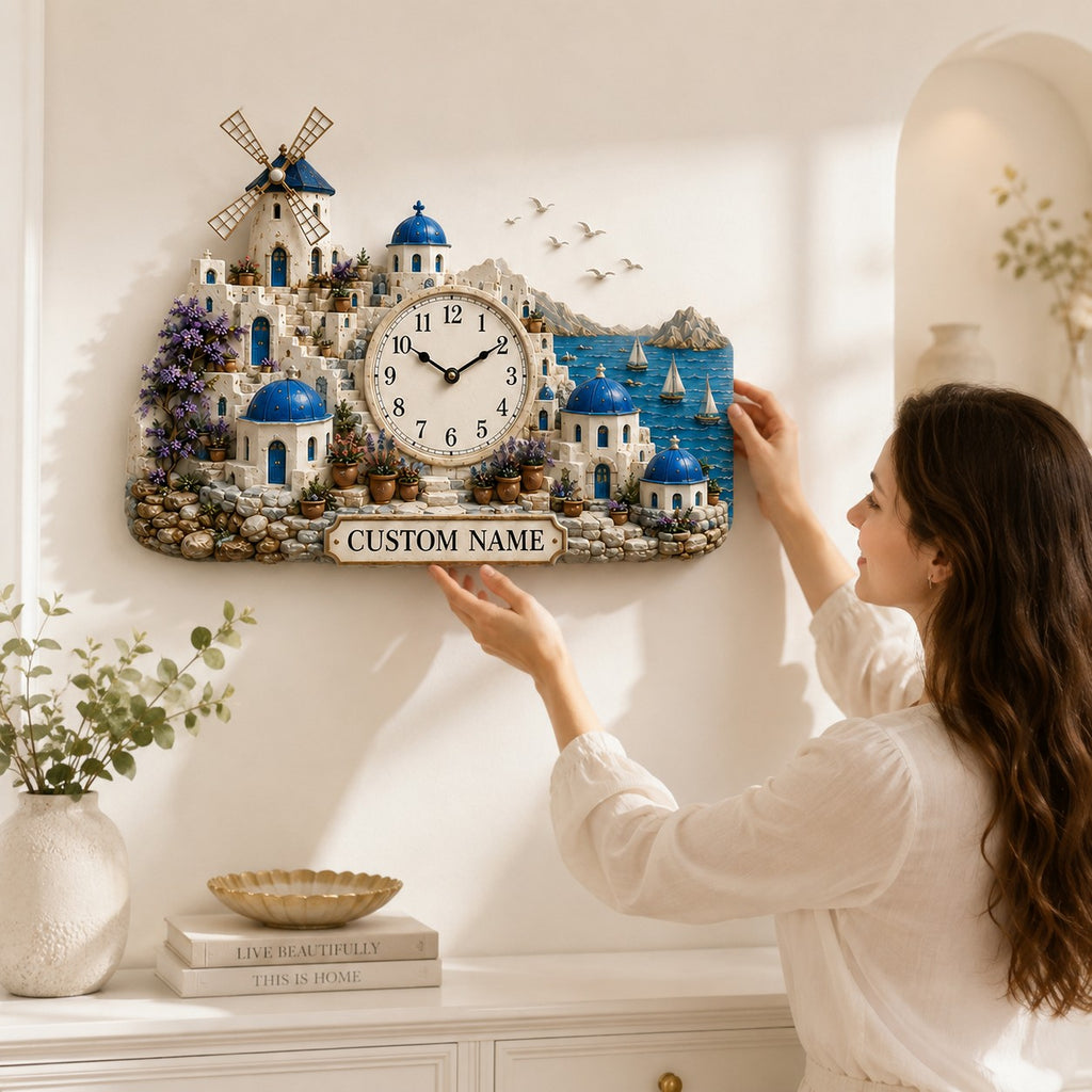 Santorini Custom Name Wall Clock — personalized with a custom name