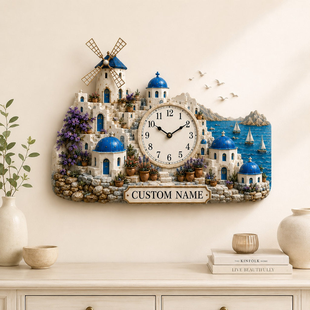 Santorini Custom Name Wall Clock — personalized with a custom name