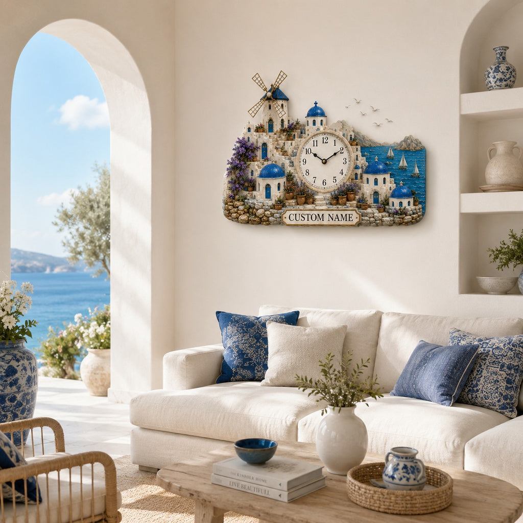 Santorini Custom Name Wall Clock — personalized with a custom name
