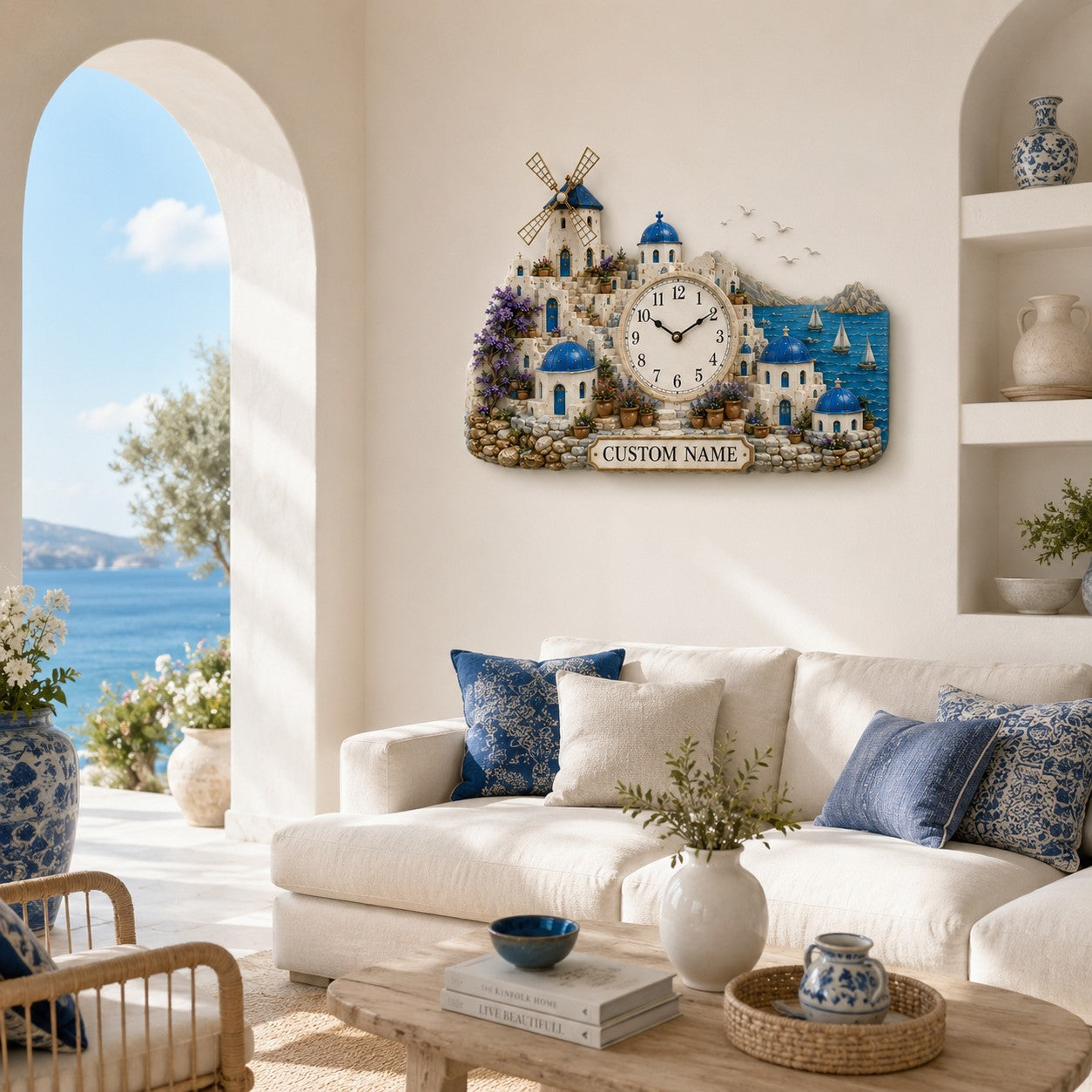 Santorini Custom Name Wall Clock — personalized with a custom name