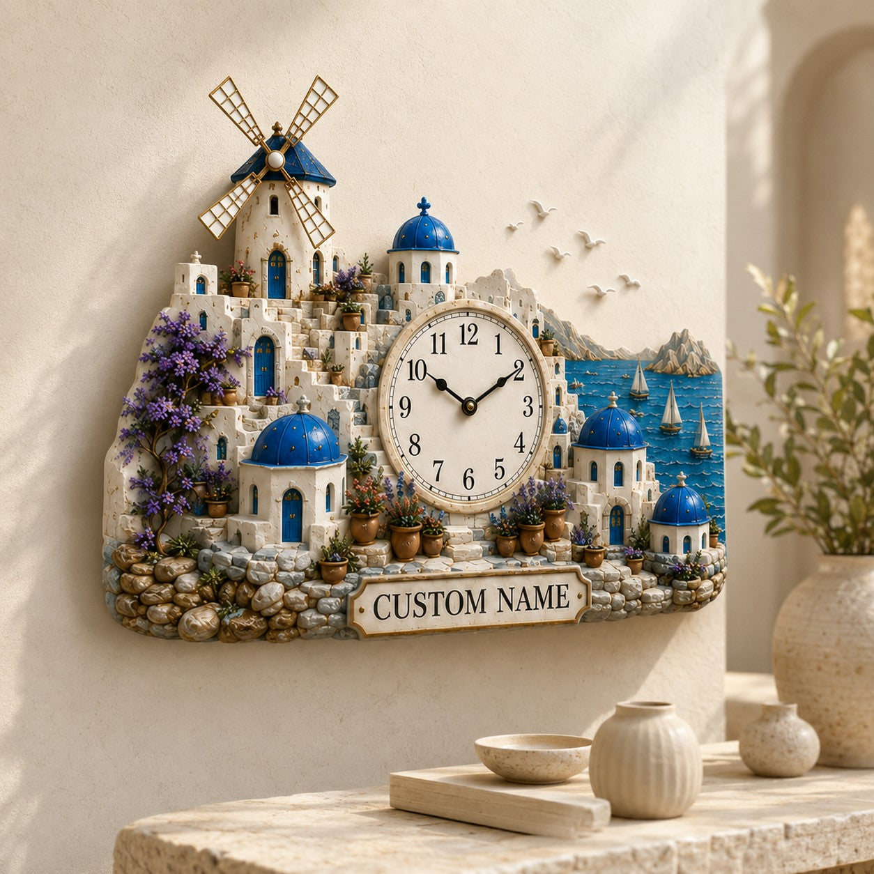 Santorini Custom Name Wall Clock — personalized with a custom name