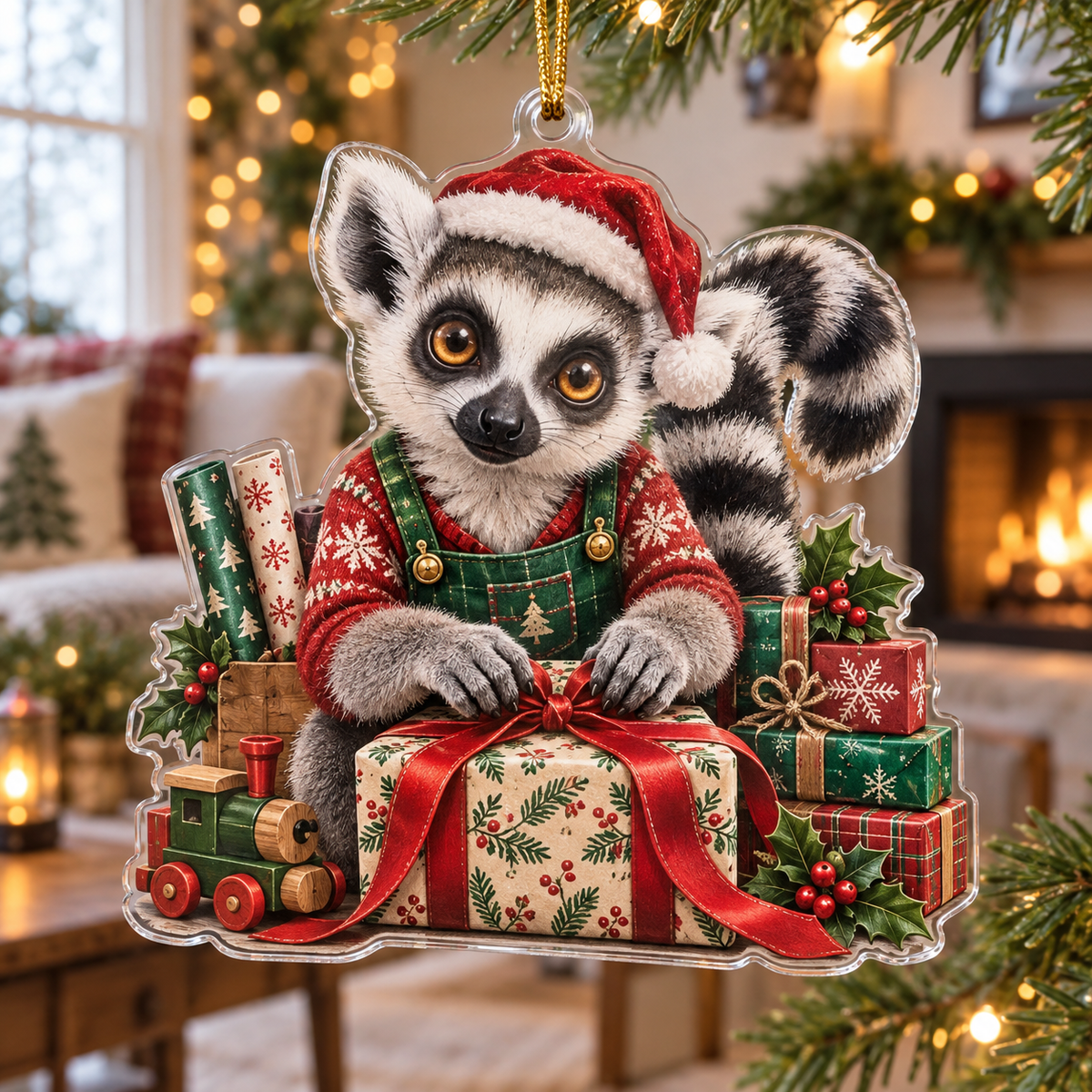 Lemur Acrylic Christmas Ornament — digital product visualization