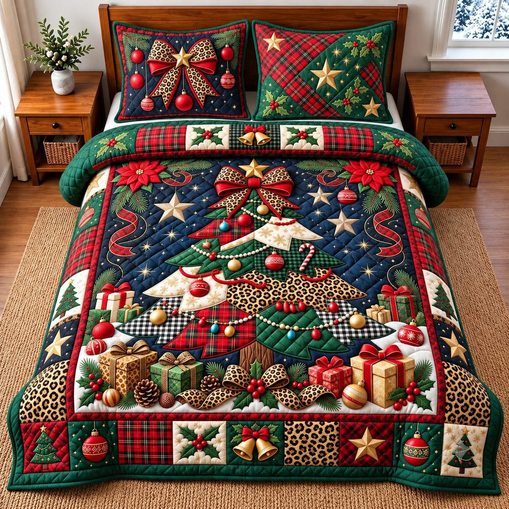 Leopard Bow Christmas Tree quilted 3-piece bedding set on a made bed in a winter-styled bedroom