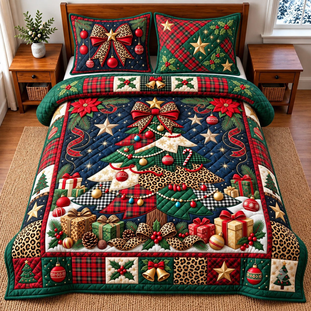 Leopard Bow Christmas Tree quilted 3-piece bedding set on a made bed in a winter-styled bedroom